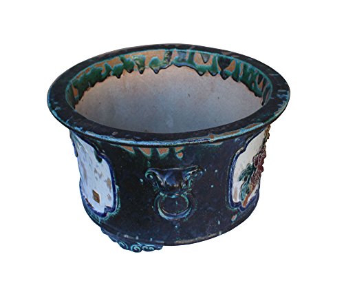 Orientliving Chinese Ceramic Dimensional Flower Butterfly Round Planter Green