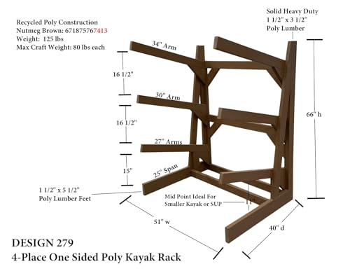 Log Kayak Rack One Sided Recycled Poly Kayak Rack Weatherproof Nutmeg Brown