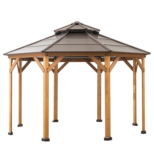 Sunjoy Ion Collection 13x13 ft Cedar Framed Octagon Wood Gazebo with Brown Steel Hardtop Roof