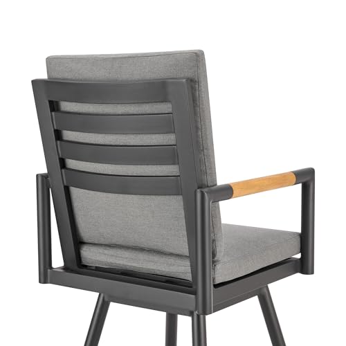 Armen Living Crown Outdoor Patio Swivel Bar Stool Black Aluminum with Wood Accent Dark Gray