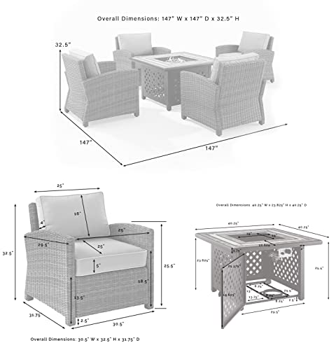 Crosley Furniture Bradenton 5-Piece Wicker Outdoor Patio Set with Propane Fire Pit, Brown with Navy Cushions