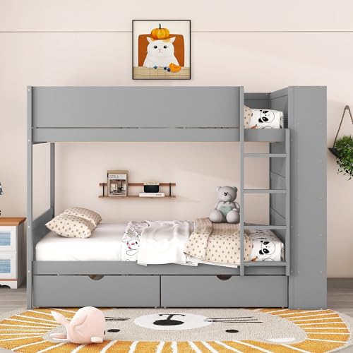 Acosure Full Over Full Bunk Bed with Storage Drawers and Cabinet Grey