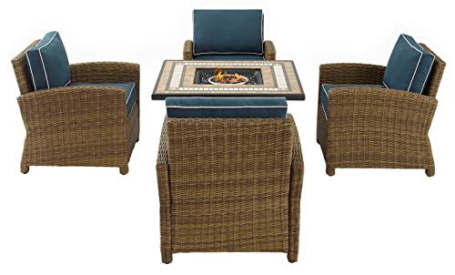 Crosley Furniture Bradenton 5-Piece Wicker Outdoor Patio Set with Propane Fire Pit, Brown with Navy Cushions