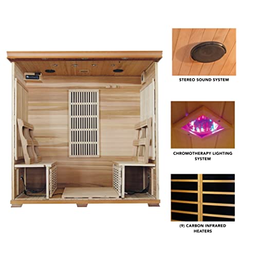 Blue Wave Radiant Saunas 4-Person Cedar Infrared Sauna with 9 Carbon Heaters, Chromotherapy Lighting, Oxygen Ionizer, Music System