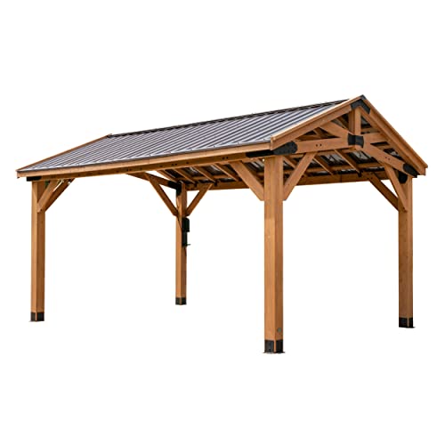 Backyard Discovery Norwood 16 ft. x 12 ft. Cedar Wood Gazebo Pavilion with Steel Roof Light Brown