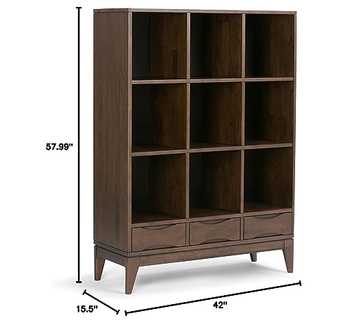 SIMPLIHOME Harper Solid Hardwood Mid Century Modern Cube Storage Bookcase with Drawers Walnut Brown