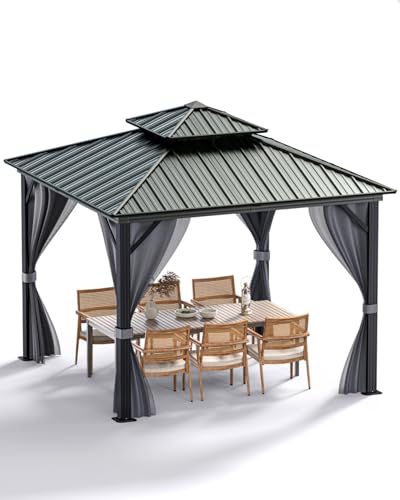 GAOMON Hardtop Gazebo 12'x12' with Double Metal Roof and Aluminum Frame Gray