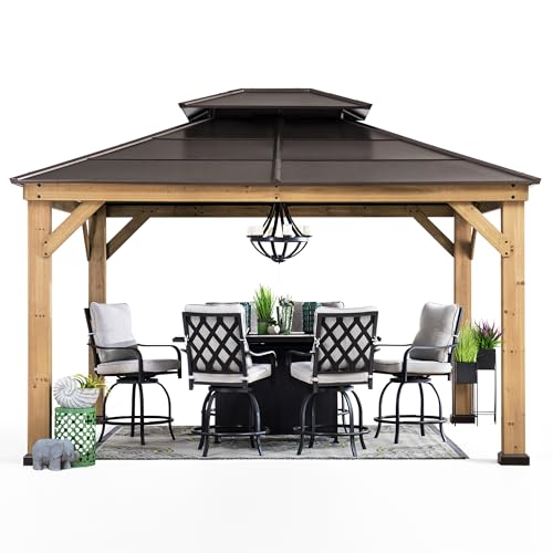 Sunjoy Hardtop Gazebo 11' x 13' Cedar Frame with Brown Steel Roof