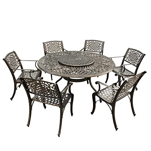 Oakland Living Modern Ornate Outdoor Mesh Aluminum 59" Large Round Patio Lazy Susan Dining Set with Six Chairs Black