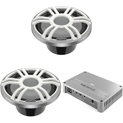 HERTZ Venezia V1 Monoblock Subwoofer Marine Amplifier with 2 HMS 12" 2 Ohm Subwoofers and RGB LEDs White Grille