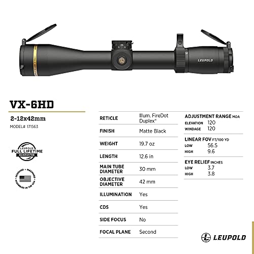 Leupold VX-6HD 2-12x42 CDS-ZL2 Illuminated FireDot Duplex Reticle Riflescope Matte