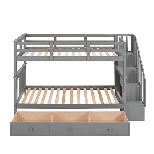 BIADNBZ Twin Over Twin Bunk Bed with Stairs and Storage Drawers Grey