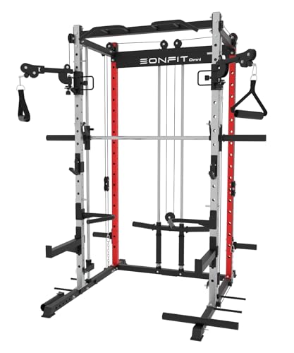 EonfitOmni Power Rack Smith Machine with Cable Crossover Red (with Pad Support)