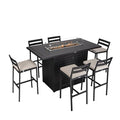 LeisureMod Chelsea Collection Aluminum Outdoor Dining Set with Fire Pit Table and 6 Bar Chairs Beige