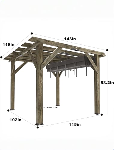 Perbyste 10' x 12' Outdoor Wood Pergola with Retractable Shade Canopy Charcoal Gray