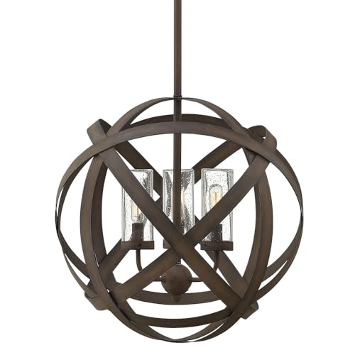 Hinkley Carson Large Orb Pendant Light - 3-Light, Clear Seedy Glass Vintage Iron