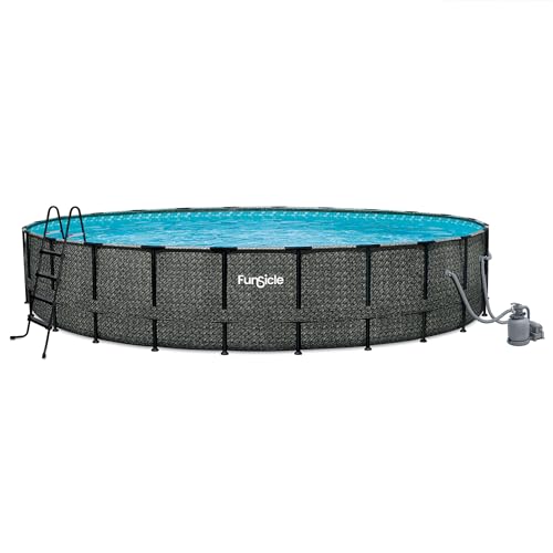 Funsicle Oasis Designer Round Frame Above Ground Pool with Filter Pump and Cover Dark Herringbone