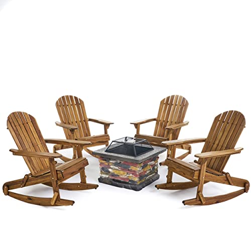 Great Deal Furniture Outdoor 5 Piece Acacia Wood Adirondack Rocking Chair Set with Fire Pit Natural Stone + Natural