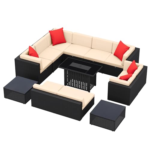 Greesum 13-Piece Patio Furniture Set with PE Rattan Sectional Sofa and 43in Gas Fire Pit Table Beige