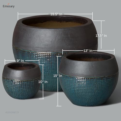 Emissary Matte Black/Teal Stoneware Round Planters Set of 3