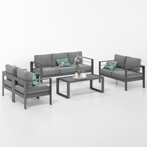 Solaste 5-Piece Aluminum Patio Furniture Set Modern Outdoor Sectional Sofa with Cushions and Glass Table Grey