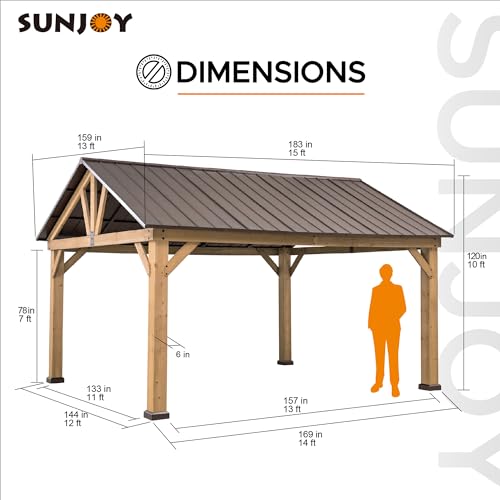 Sunjoy Wood Gazebo 13x15 ft Premium Cedar Frame with Brown Steel Hardtop Roof Brown + Natural Wood