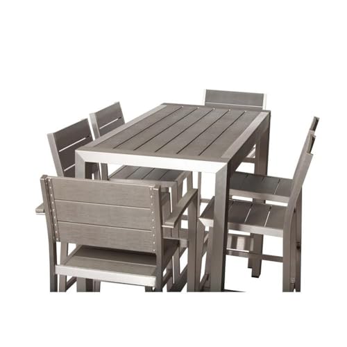 Pemberly Row Contemporary 7-Piece Aluminum Patio Bar Set Grey