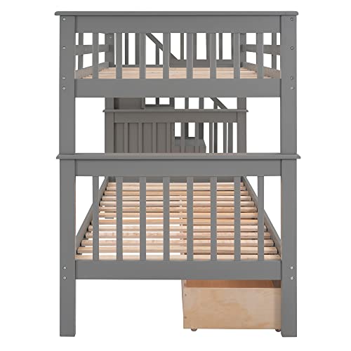 BIADNBZ Twin Over Twin Bunk Bed with Stairs and Storage Drawers Grey