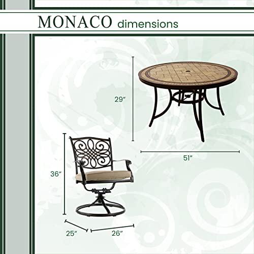 Hanover Monaco 5-Piece Outdoor Patio Dining Set with 4 Cushioned Swivel Rocker Chairs and 51" Round Tile-Top Table, Brushed Bronze Finish Tan
