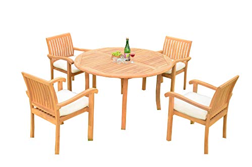 OnlineTeakFurniture 5 PC A Grade Outdoor Patio Teak Dining Set - 48" Round Table & 4 Stacking Arm Chairs Brown