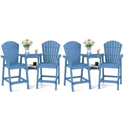 FOOWIN Tall Adirondack Chairs Set of 4 Recycled Poly Patio Stools with Tray Navy Blue