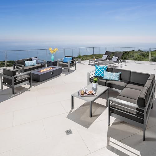 Christopher Knight Home Cape Coral 11 Piece Outdoor Conversation Set with Chaise Lounge and Fire Table Gray + Dark Gray