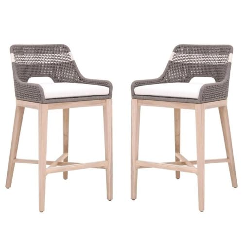 Home Square 2 Piece Outdoor Upholstered Rope Barstool Set Dove Gray Teak