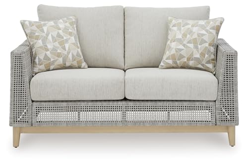 Signature Design by Ashley Seton Creek Cottage Weather Resistant Outdoor Loveseat with Cushion and 2 Throw Pillows Light Brown & Light Gray