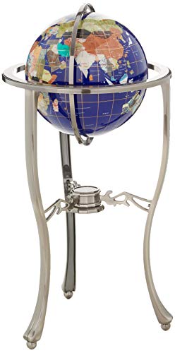 Unique Art Since 1996 Floor Standing Blue Lapis Gemstone World Globe 36x13 Inch with Silver Tripod