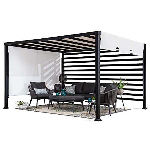 Sunjoy 10x12 ft Steel Outdoor Pergola with White Adjustable Shade and Privacy Screen