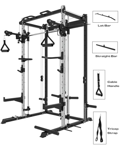 EonfitOmni Smith Machine Squat Rack Cable Crossover Pulley System Home Gym Equipment Black with Red Bench