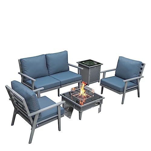 LeisureMod Walbrooke Modern Aluminum 5-Piece Patio Conversation Set with Fire Pit Table Navy Blue
