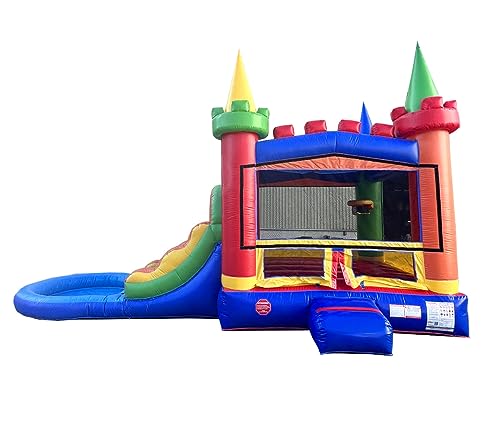 Pogo Bounce House Inflatable Castle Combo with Slide and Water Pool Rainbow