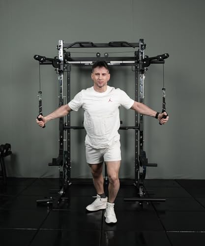 EonfitOmni Smith Machine Squat Rack with Cable Crossover Red/Black Bench