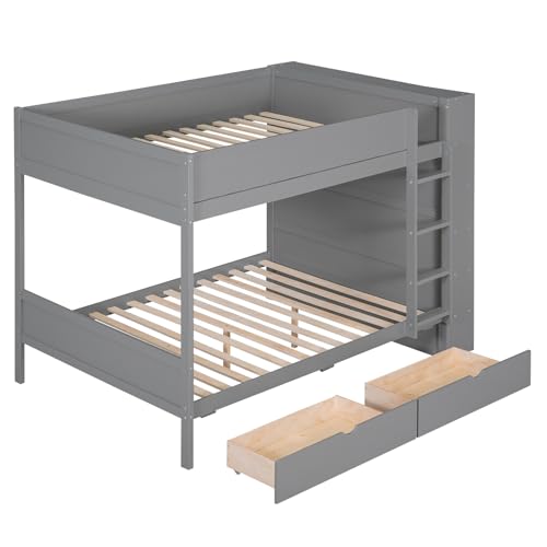 Acosure Full Over Full Bunk Bed with Storage Drawers and Cabinet Grey