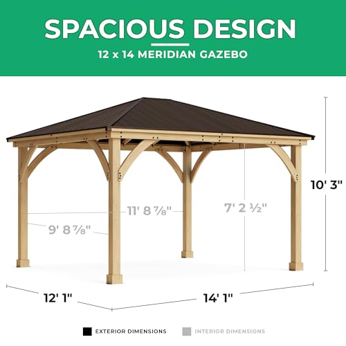 Yardistry 12x14 Meridian Cedar Wood Gazebo Pavilion with Aluminum Roof Brown