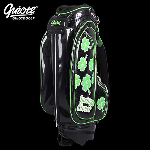 Guiote Golf Stand Bag Pu Leather Golf Carry Bag Embroidery Series 8-Ways 9.0" Black Lucky Clover
