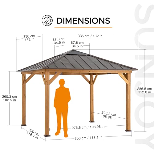 Sunjoy Hardtop Gazebo 11 x 11 ft Cedar Frame Brown Steel Polycarbonate Roof Brown + Natural Wood