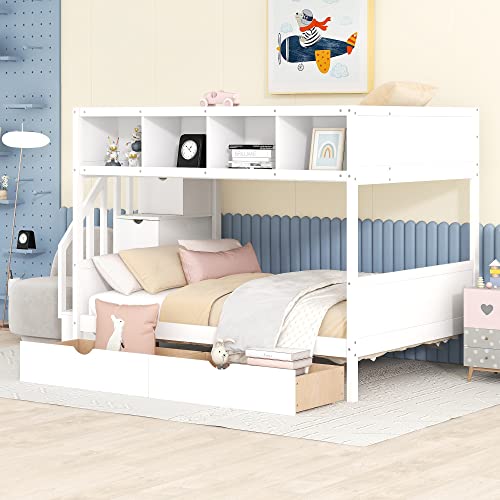 BOVZA Twin Over Full Bunk Bed with Storage Shelves and Staircase White