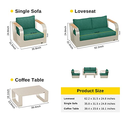 EAST OAK Signature 4-Piece Patio Furniture Set Aluminum Teak Wood Sofa Coffee Table Champagne & Green