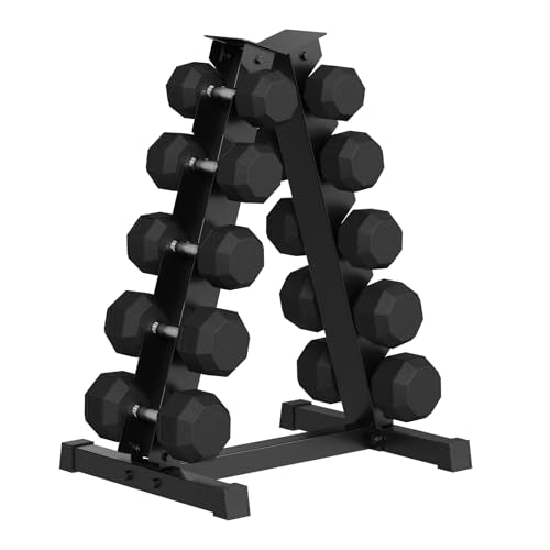 GarveeLife Premium Rubber Coated Hex Dumbbell Set with Rack 350lbs Black