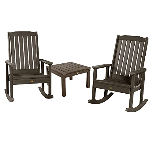 Highwood Lehigh 2 Rocking Chairs with Adirondack Side Table Weathered Acorn