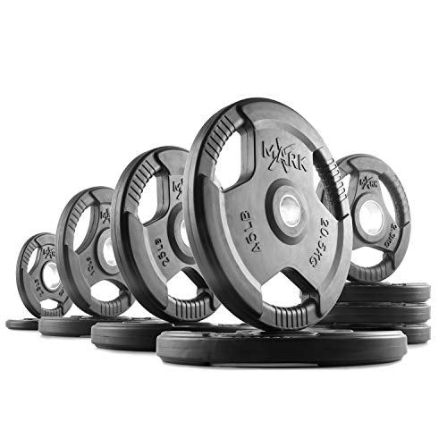XMark Combo Offer 185 lb Set of Premium Quality Rubber Coated TRI-GRIP Olympic Weight Plates XM-3377 with 7 ft Deadlift VOODOO Commercial Olympic Bar - 11) BAR and 185 lb Set