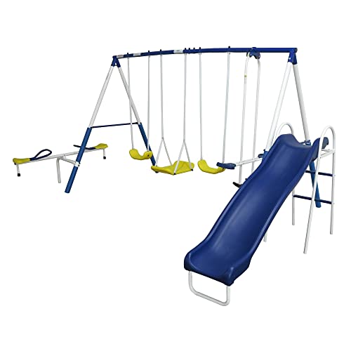 XDP RECREATION Kids Outdoor Playground Set with Glider, Slide, Swings & Seesaw Blue/White